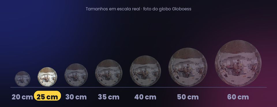 Globo espelhado de 25 cm em escala ao lado dos outros tamanhos