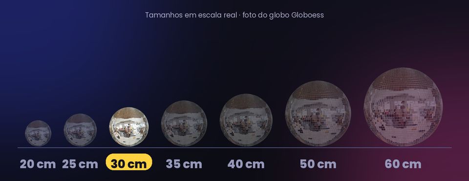 Globo espelhado de 30 cm em escala ao lado dos outros tamanhos