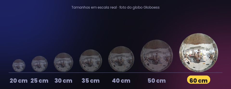 Globo espelhado de 60 cm em escala ao lado dos outros tamanhos